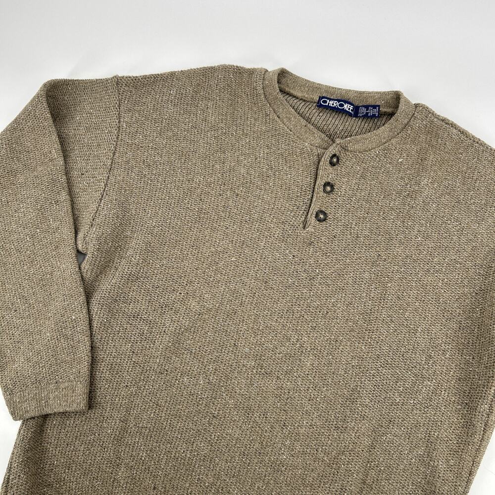 Vintage Cherokee Henley Sweater Men Size L Beige USA Made Waffle Knit Granola